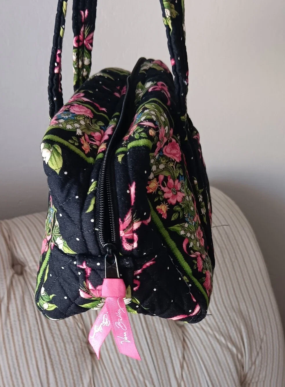 Quilted Floral Mini Tote Bag in Black and Pink